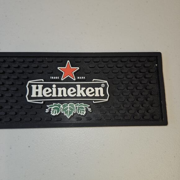 Heineken Beer Rubber Bar Mat Drip Rail Runner 20.75" X 3.25" Black Red Star Pub - Picture 2 of 9